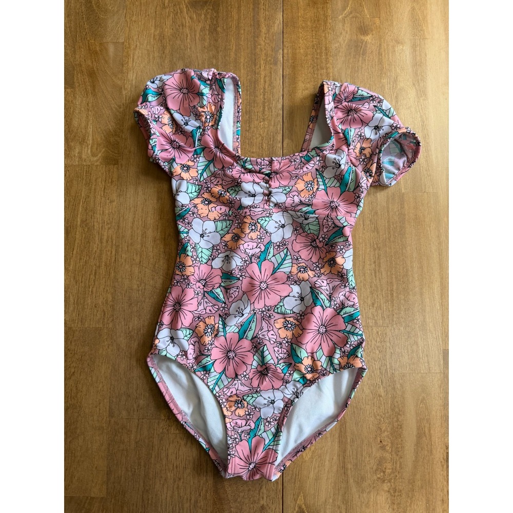 Pink Floral Puff Sleeve One Piece Swimsuit Kids Tropical Garden Print Swimwear